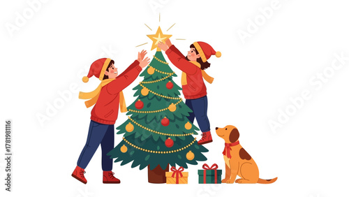 Christmas Tree Decoration: A joyful scene of two children placing a star atop a Christmas tree, surrounded by wrapped gifts and a friendly canine companion, captures the festive spirit of the season.