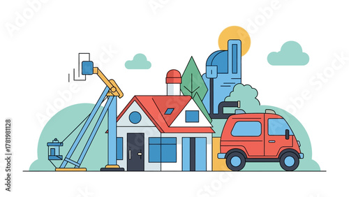 A Colorful Community: An illustration of a vibrant community, featuring a charming house, a playful amusement park ride, an adventurous vehicle, trees, and other elements, all under a bright sun.