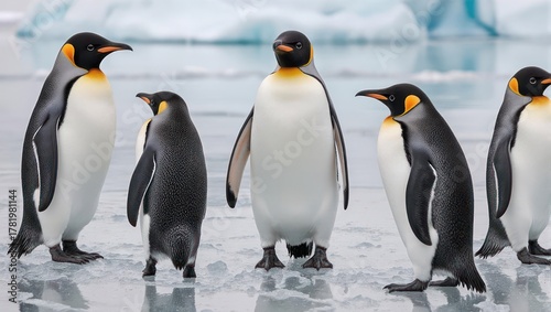 Five Emperor penguins standing on ice, with a blurred icy background