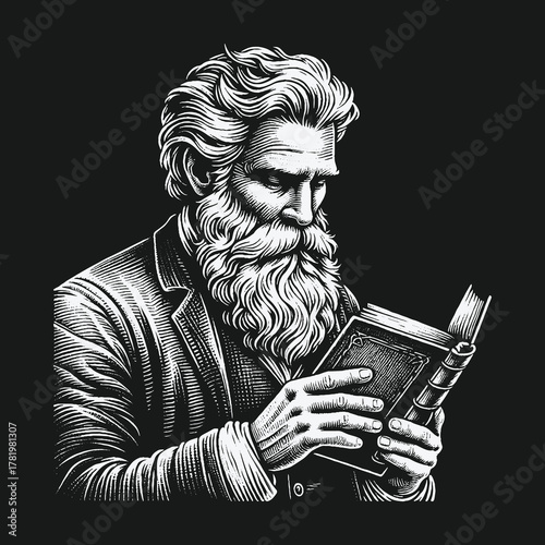 Vintage engraving style illustration of a wise bearded scholar reading an old book.