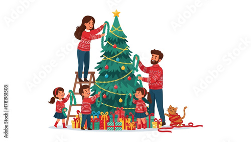 Holiday Cheer: A family collaborates in decorating their christmas tree together, filled with colorful ornaments and wrapped presents, evoking feelings of togetherness, love, and anticipation.