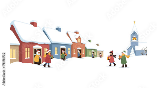 Winter Village Harmony: A charming winter scene unfolds as carolers move from door to door, the rooftops are laden with snow, and the scene is filled with festive spirit and joy.