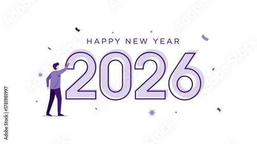 Happy New Year 2026 illustration with a person adjusting the number two, confetti, and a white background.