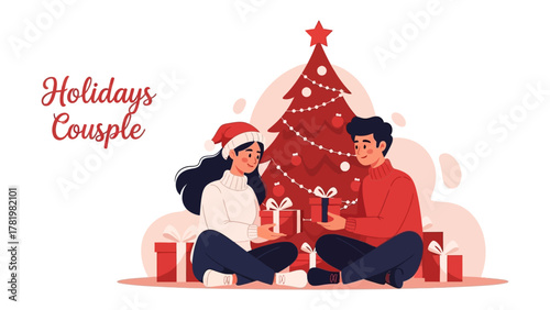Holiday Gift Exchange: A couple sharing holiday gifts next to a Christmas tree, creating a scene of love, joy, and togetherness.