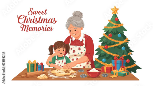Sweet Christmas Memories: A heartwarming illustration of a grandmother and granddaughter baking festive cookies together. Capturing the joy of family traditions, christmas, baking.