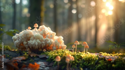 Lion's Mane mushrooms growing on a tree trunk in a forest, with sunlight enhancing their ethereal appearance.
