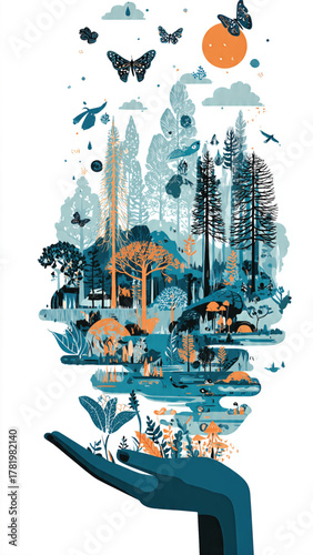 A diverse ecosystem and diverse wildlife thriving on an open palm, symbolizing nurturing and sustainability