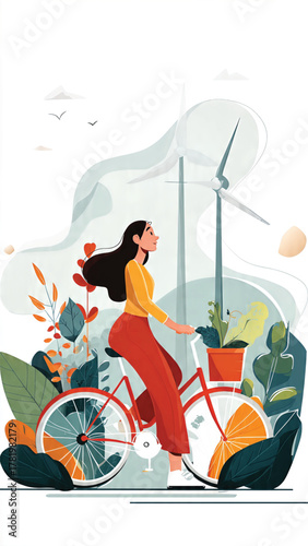 Woman cycling through nature with a wind turbine in the background, representing sustainable living and eco-friendly transportation