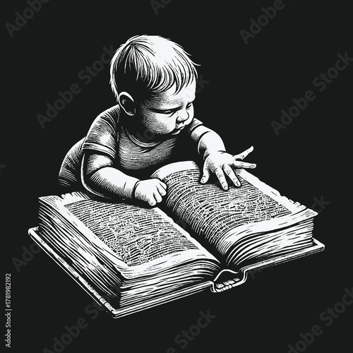 Black and white illustration of a baby reading a large book.