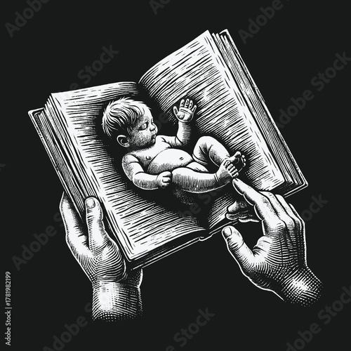 Hands holding an open book with a newborn baby symbolizing a new life story.
