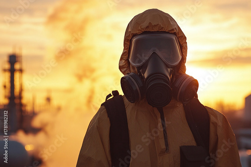 Worker wearing protective hazmat gear and respirator mask at an industrial facility. Concept of workplace safety, environmental protection, and industrial operations.	