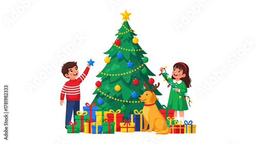 Joyful Christmas: A heartwarming scene unfolds as two children decorate a sparkling Christmas tree with colorful ornaments, accompanied by their faithful companion, a golden retriever.