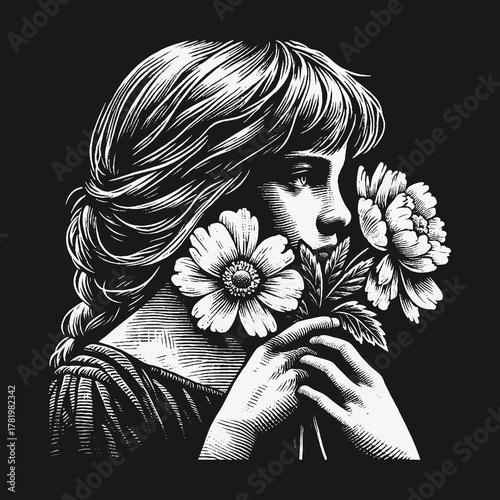 Classic engraving style portrait of a pensive woman holding flowers.