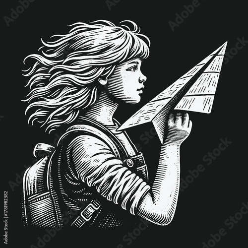 Monochrome engraving of a young traveler holding a paper airplane.