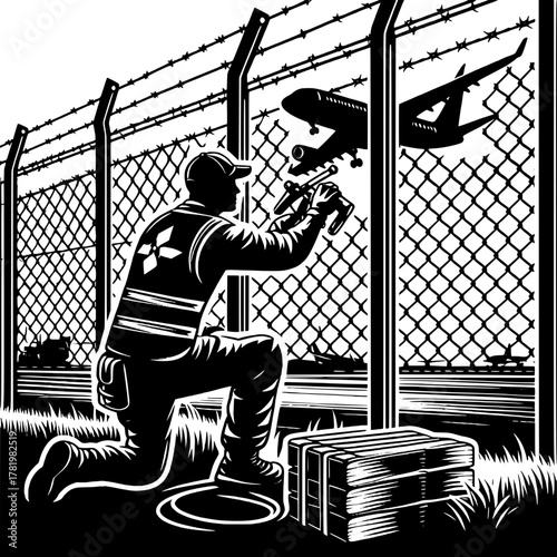 Worker Repairing Runway Edge Fence