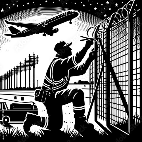 Worker Repairing Runway Edge Fence