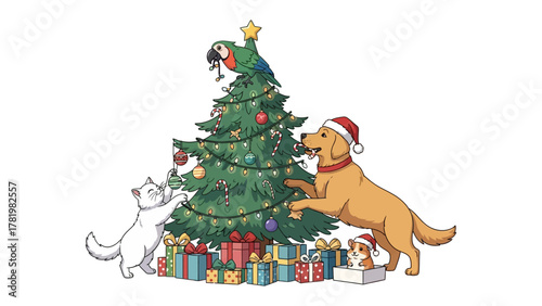 Festive Animal Crew Decorates: A playful assortment of animals, including a parrot, cat, dog and puppy, brings holiday cheer as they adorn a Christmas tree, radiating warmth and merriment.