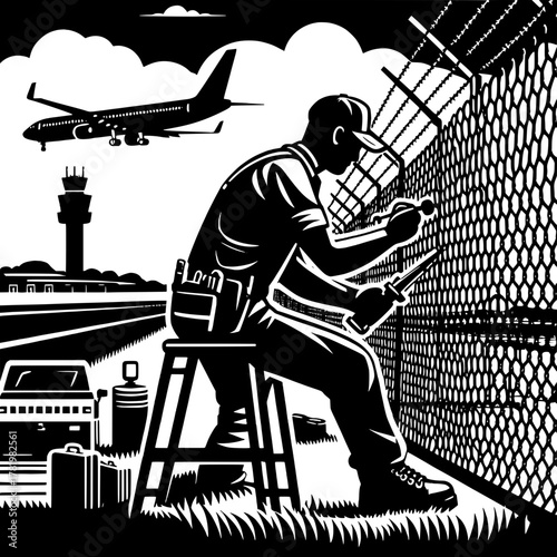 Worker Repairing Runway Edge Fence