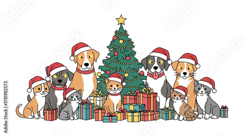 Holiday Paws: A collection of festive dogs and a cat adorned with Santa hats, gather around a Christmas tree, surrounded by wrapped presents, embodying the joy of the holiday season.