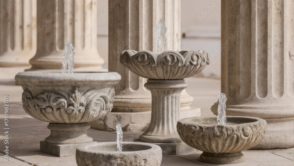 Obraz premium Group of ornate stone fountains with water jets against classical pillars