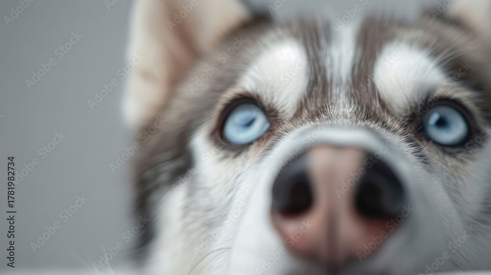 Fototapeta premium A close-up portrait of a Siberian Husky with piercing blue eyes.