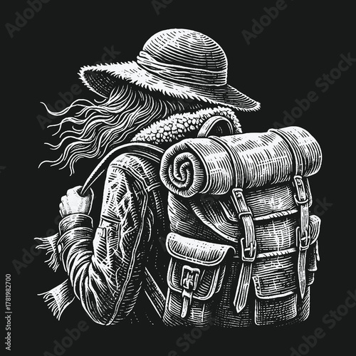 Vintage hand drawn illustration of a traveler with a backpack.
