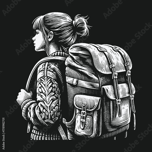 Hand drawn illustration of a female traveler with a large backpack.