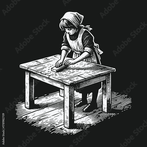 Vintage black and white illustration of a girl scrubbing a wooden table.