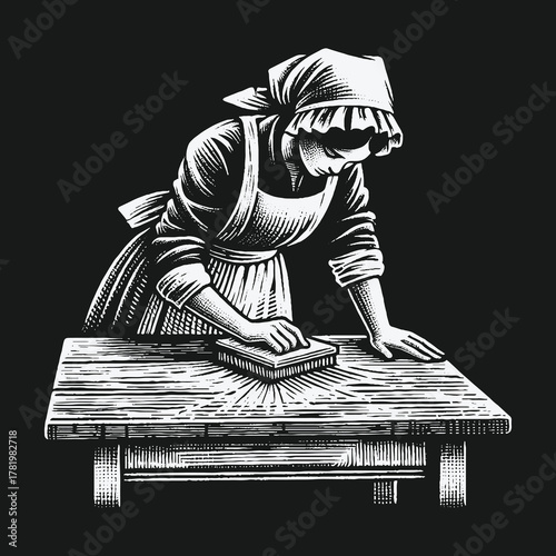 Vintage monochrome engraving of a woman scrubbing a wooden table.