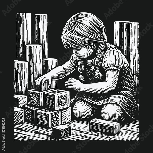 Vintage woodcut illustration of a little girl playing with wooden blocks.
