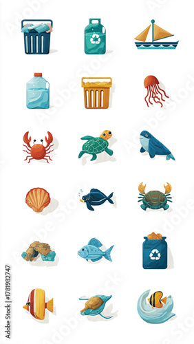 Marine life and ocean pollution vector icons, emphasizing conservation strategies to protect aquatic ecosystems from plastic waste for a sustainable future
