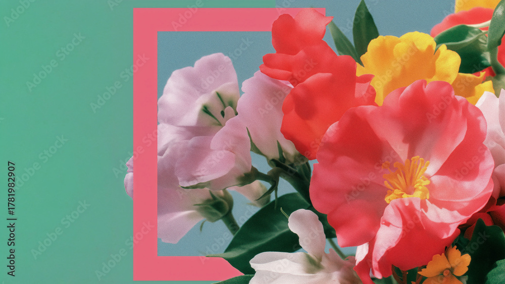 Fototapeta premium Colorful floral composition with geometric frame on pastel green background