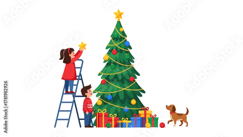 Joyful Holiday Traditions: Two children eagerly decorate a lush, vibrant Christmas tree, adorning it with colorful ornaments and a radiant star, a playful pup joins in the festive scene.
