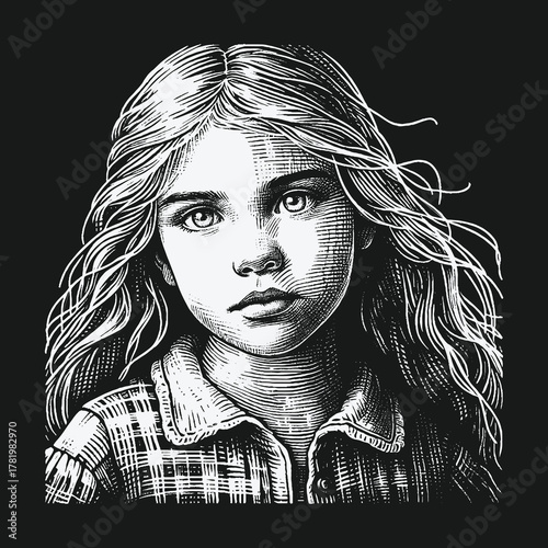 Classic engraving style portrait of a young girl with flowing hair.