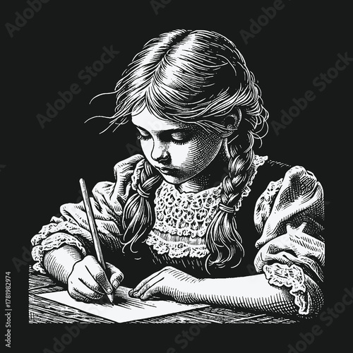 Vintage black and white illustration of a young girl writing at a desk.