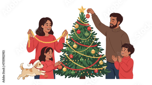 Festive Family Decorating the Christmas Tree: A joyous family adorns their Christmas tree, a heartwarming display of holiday cheer. The mother and father work together with their children.
