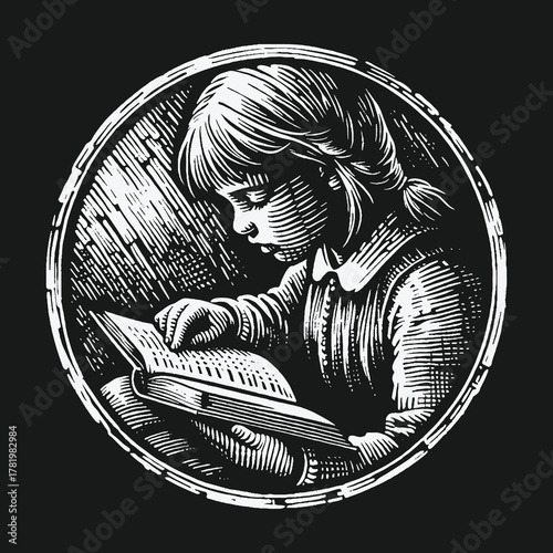 Vintage woodcut style illustration of a young girl reading a book.