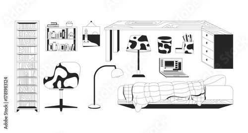 Stylish loft bed items 2D line objects set. Home workspace furniture, desk, chair, laptop, cow print accessories isolated cliparts vector ink outline items. Monochrome spot illustrations collection