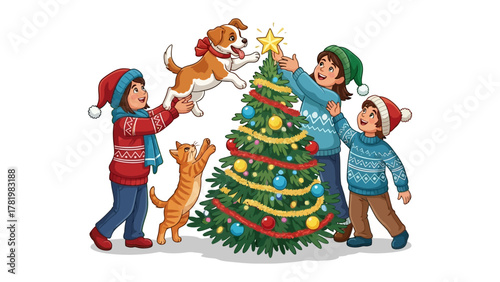 Holiday Cheer: Festive gathering, a family decorates Christmas tree with joyful animals. Capturing the spirit of togetherness and the beauty of seasonal traditions