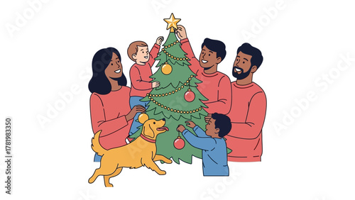 Family Bonding During Festive Season: A heartwarming scene unfolds as a diverse family unites to decorate their Christmas tree, a cherished tradition symbolizing togetherness and joy.