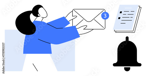 Female figure holding an envelope with a notification badge, a notification bell, and a stack of documents. Ideal for communication, email updates, messaging, notifications, teamwork, document