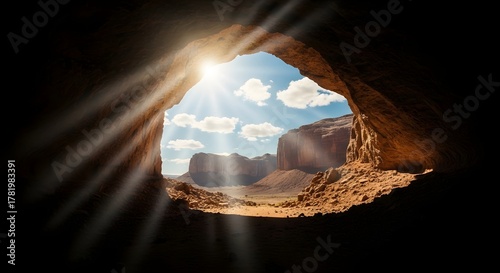Sunlight streams through a cave opening revealing a vast desert landscape
