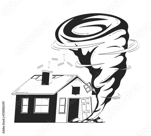 Tornado destroying house doodle lineart illustration. Severe damage to home. Cyclone storm hitting residential property 2D line ink object isolated on white. Monochrome vector outline hand-drawn