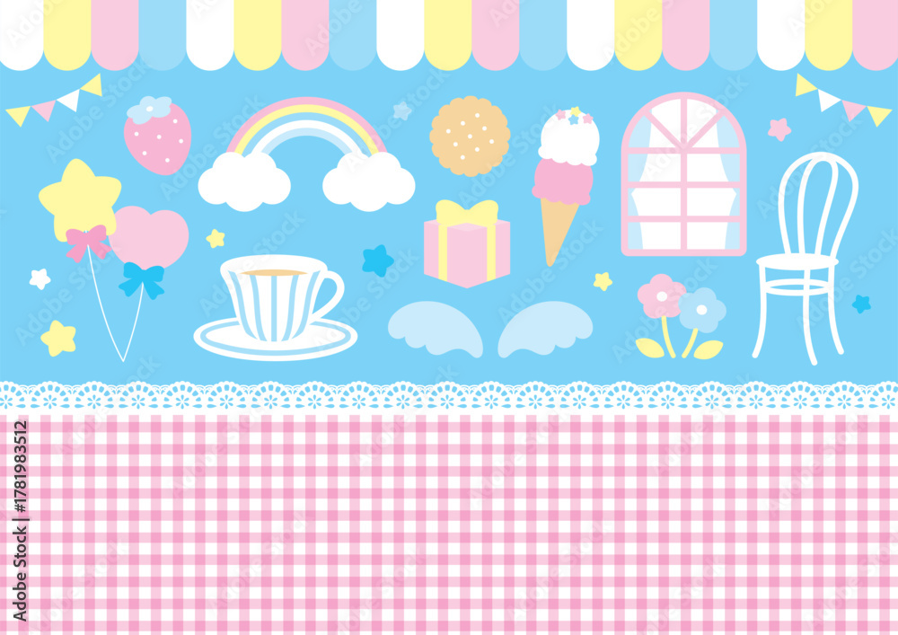 Naklejka premium かわいいパステルカラーのメルヘンアイコンとチェック柄セット