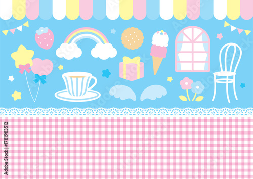 かわいいパステルカラーのメルヘンアイコンとチェック柄セット