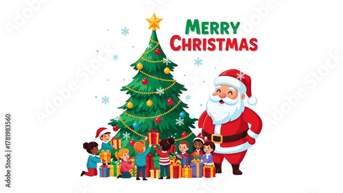 Season's Greetings: A heartwarming illustration captures the festive spirit of Christmas, with a jolly santa, a beautifully adorned tree and children enjoying their presents.