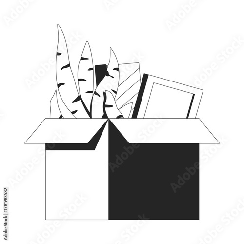 Open box with personal belongings 2D line object. Snake plant, picture frame. Leaving job. Cardboard filled with office items isolated clipart vector ink outline item. Monochrome spot illustration