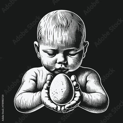 Symbolic vintage engraving of a baby holding a precious egg.