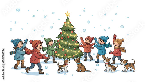 Joyful Winter Gathering: A festive Christmas scene unfolds as a group of children, bundled up against the cold, joyfully circle a brightly decorated Christmas tree.