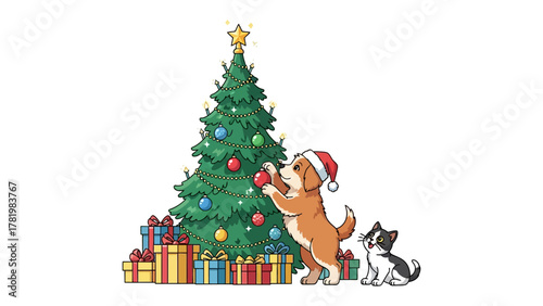 Festive Paws and Pine: Two adorable canines, adorned in festive attire, lovingly decorate a Christmas tree, surrounded by wrapped gifts. It's a heartwarming scene.